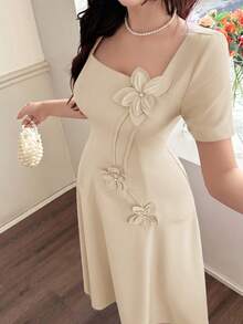 Feyla Women's 3D Floral Decor Fashion Elegant Romantic Date Brunch Dinner Date Mother Of The Bride Party Dress Beige Summer - Apricot - View 2