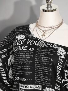 SHEIN ICON 大尺碼女款字母印花撞色不對稱肩性感T恤 - 黑與白 - 查看 5