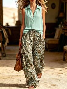 SHEIN LUNE Set 2 Potong Wanita Kasual Tropis untuk Liburan Pantai Musim Panas, Blus Tanpa Lengan Sifon Transparan Motif Macan Tutul dan Celana Kaki Lebar Warna Hijau Muda Mint - Mint Green - View 1
