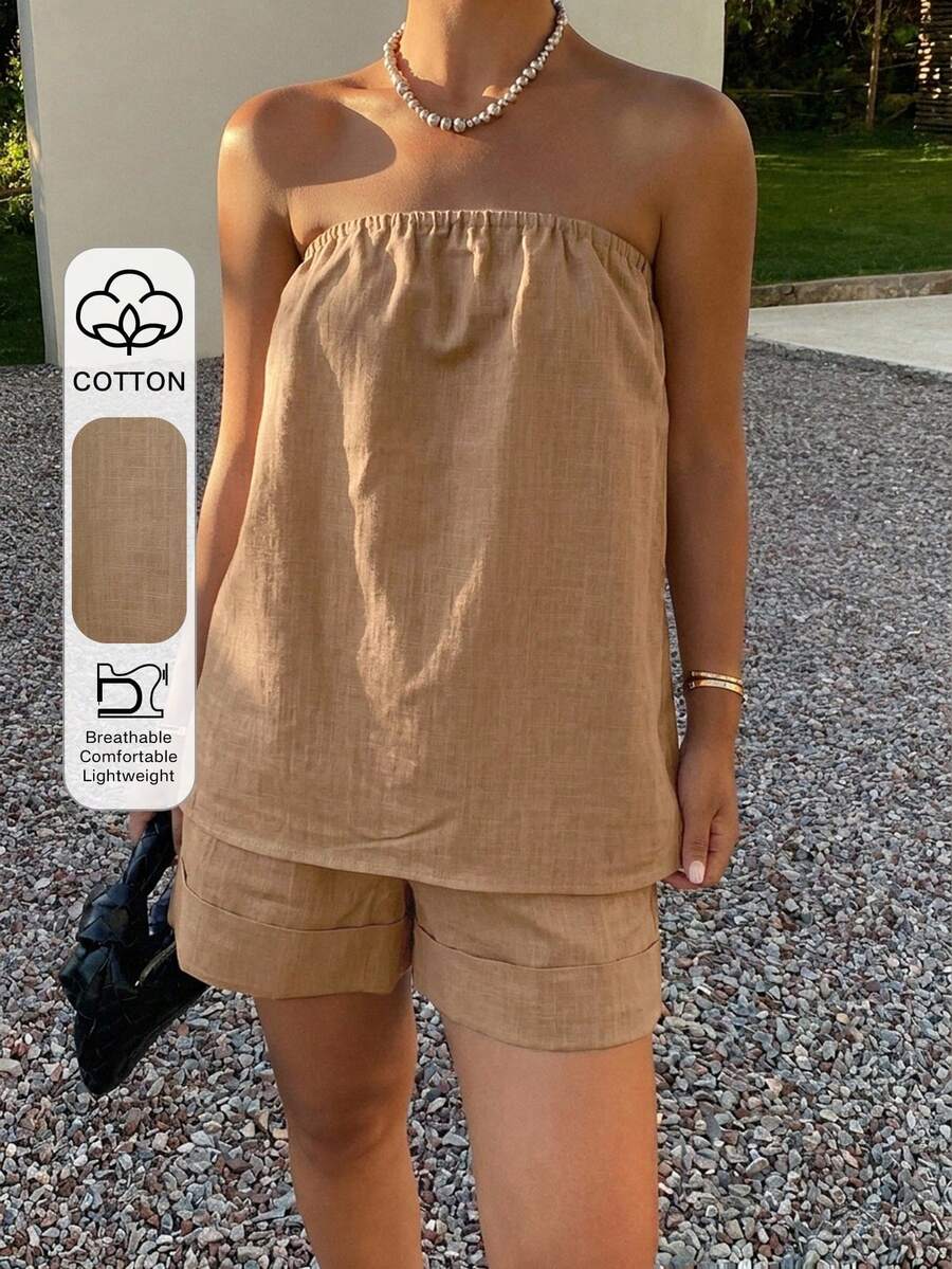 Livesso Conjunto de 2 piezas de camisa casual de verano & top tubo con shorts de corte holgado para vacaciones en la playa para mujer - Caqui - Ver 1