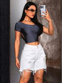 SHEIN ICON Summer Casual Solid Color Distressed Denim Shorts - White - View 6
