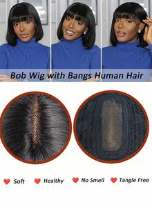 Wig Bob dengan Poni, Rambut Manusia, Tanpa Lem, Wig Bob Pendek untuk Wanita, Wig Renda 2x1 Buatan Mesin yang Ditingkatkan, Belahan Tengah - Natural Black - View 5