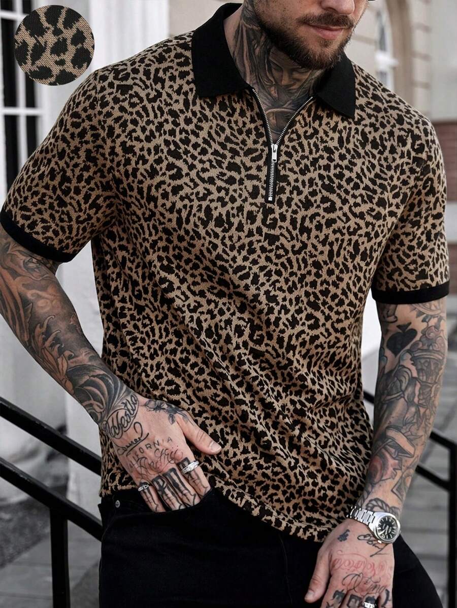 Manfinity CasualCool 男士短袖豹紋壓紋布料 Polo 衫,適合外出與聚會 - 棕色 - 查看 1