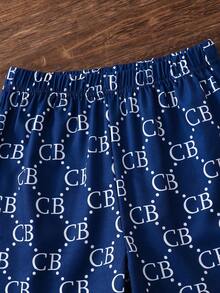SHEIN Casuvi Kids 男童 CB 字母印花襯衫套裝，休閒 2 件套穿搭 - 藏蓝色 - 查看 6