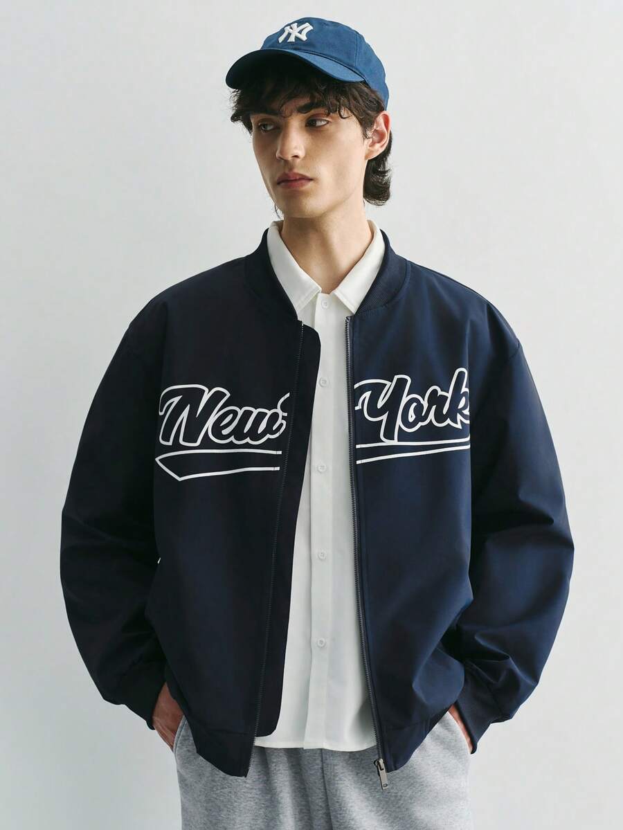 Sonviro Jaket Bomber Kasual Lengan Panjang Pria dengan Cetakan Huruf, Musim Gugur, Untuk Musim Gugur - Navy Blue - View 1