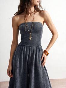 Bohemela Damen Lässig einfarbiger Strick Bandeau-Top & Weite Bein Jumpsuit - Schwarz - Übersicht 1