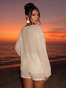 Sirith 2 Pieces Women Textured Fabric Bowknot Swimwear Cover Up Set For Summer Beach Vacation - Beige - View 2