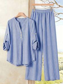 Rusticease Conjunto de 2 piezas casual para uso diario de mujer con top de cuello en V con muesca y patchwork a rayas y pantalones largos - Azul y blanco - Ver 3