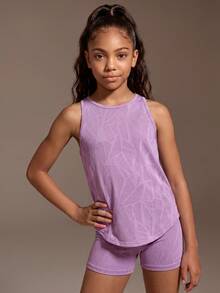 SHEIN Tween Girls Clothing Chiba Knit Jacquard Purple & Pink Top + Shorts Matching Sets, Round Neck Loose Comfortable Sporty Casual Elegant Urban Student College Girls 2-Piece Set, Moisture Wicking Absorbs Sweat - Mauve Purple - View 3