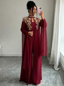 Elenzga 女士金色蕾丝边连体裤两件套 - 酒紅色 - 查看 7