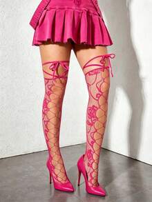 ROMWE 1Pair Sweet Kawaii Versatile Rose Red Strap Hollow Knee Fishnet Socks - Hot Pink - View 7