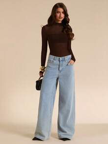 SHEIN BAE Spring/Summer Solid Elegant Sheer Fitted Ruched Women's Mesh Bodysuit, Simple & Elegant - Coffee Brown - View 7