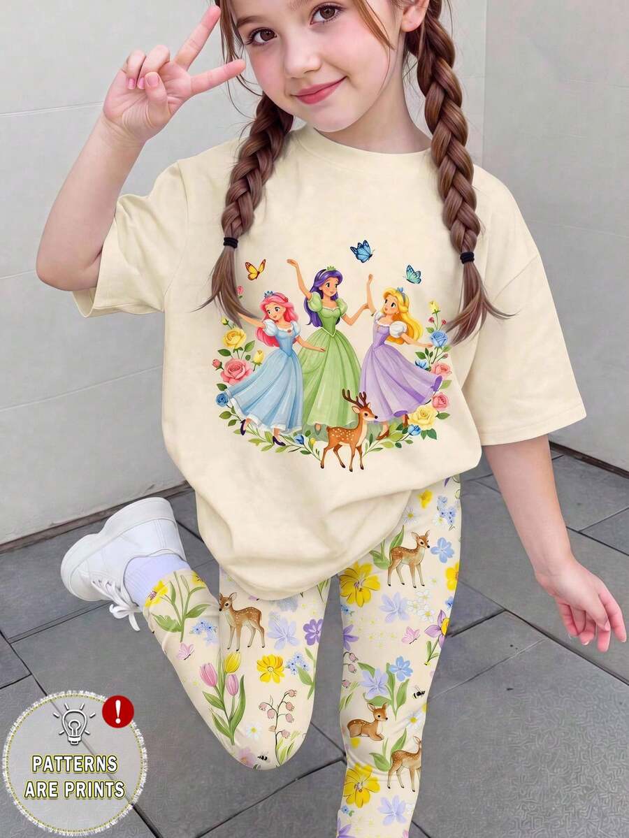 SHEIN 1套女童休閒舒適時尚清新可愛甜美卡通公主圖案與花卉印花短袖T恤+印花內搭褲套裝,適合春/夏季外出、度假、上學、生日及其他場合 - 彩色 - 查看 1