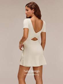 GLOWMODE FeatherFit™-Air Twist & Glow UPF50+ Sweat-Wicking Boatneck Waist Tie Dress With Built-In Shorts Removable Cups Studio Pilates Tennis Golf Daily Wear - White - View 2