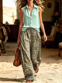 SHEIN LUNE Set 2 Potong Wanita Kasual Tropis untuk Liburan Pantai Musim Panas, Blus Tanpa Lengan Sifon Transparan Motif Macan Tutul dan Celana Kaki Lebar Warna Hijau Muda Mint - Mint Green - View 3