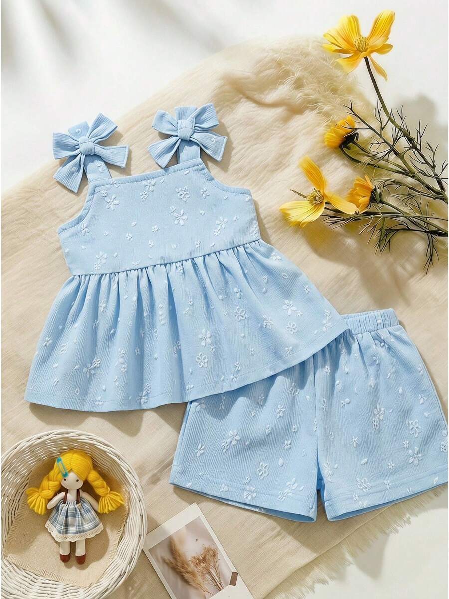 SHEIN 2件組女嬰幼兒/新生兒 0-3歲 春夏休閒可愛花卉提花蝴蝶結裝飾吊帶上衣+短褲套裝