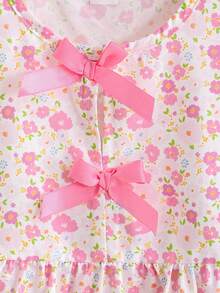 SHEIN Elladie kids 女童新款清新田園風精緻碎花兩件套，粉色蝴蝶結裝飾無袖背心上衣 + 粉色紋理布料寬腿長褲，甜美可愛時尚休閒穿搭，夏季 - 西瓜粉 - 查看 7