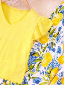 SHEIN Sparklyn 两件套少女度假休闲套装：短袖衬衫+印花长裤，适合海滩休闲穿着 - 黃色 - 查看 6