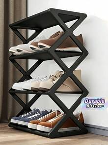 4-Tier Foldable X-Frame Plastic Shoe Rack Vintage No Assembly Required Durable Multi-Purpose For Entryway Closet Kitchen Book Shelf Storage - Multicolor - View 1