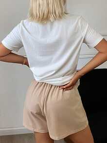 DAZY Women's Letter Print Short Sleeve T-Shirt And Shorts Loungewear Set Summer Pajamas - White - View 2