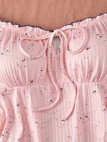 Sweetra CURVE Plus Size Diamond Neckline Ribbed Front Tie Shoulder Short Sleeve Vacation Bodysuit - Pink - View 3