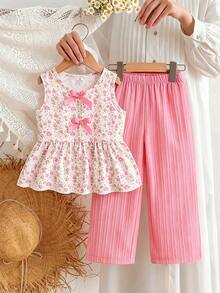 SHEIN Elladie kids 女童新款清新田園風精緻碎花兩件套，粉色蝴蝶結裝飾無袖背心上衣 + 粉色紋理布料寬腿長褲，甜美可愛時尚休閒穿搭，夏季 - 西瓜粉 - 查看 4