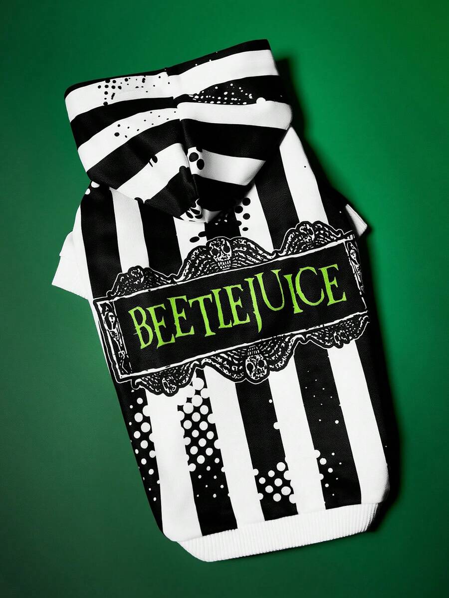Beetlejuice X SHEIN 1件裝印花圖案寵物連帽衛衣,貓咪衣服,狗狗衣服,尺寸XXS-XXXXL,特小號,特大號,條紋,Logo,Underworld大魔導師 - 黑色 - 查看 1