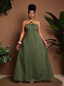 Maweii Summer Plus Size Women Strapless Tie Metal Buckle Decor Tube Top 2 In 1 Waist-Exposing Flared Dress - Army Green - View 3