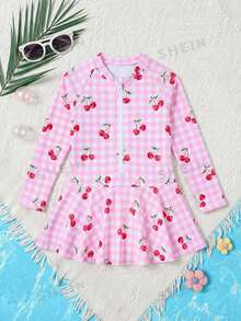 Emery Rose Kids Emery Rose Kids 女童樱桃格子印花拉链长袖连体泳衣 夏季假日 - 粉色 - 查看 1