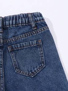 SHEIN 青少年男孩牛仔褲 夏季新款街頭工裝風 淺藍色水洗 寬鬆直筒 大口袋 鬆緊腰 高級棉 日常上學穿搭 - 深色水洗藍 - 查看 6