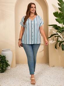 Rosumi Plus Size Women's Striped Batwing Short Sleeve Single-Breasted Casual Shirt - Blue - View 7