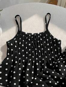 SHEIN LMoss Kids 女童編織波點細肩帶上衣與長褲兩件套 - 黑色 - 查看 8