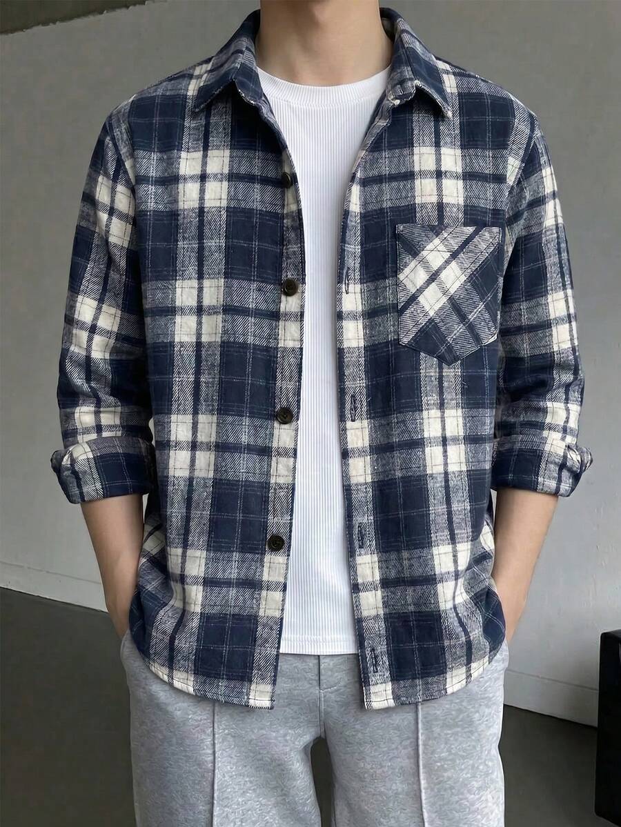 SHEIN 青少年男孩格紋長袖單排扣休閒口袋襯衫 - 藍色 - 查看 1