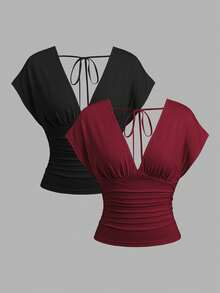 SHEIN EZwear 女款新款兩件套，黑色與淺杏色拼接，時尚百搭針織V領T恤，抽褶腰部，前後V領，肩袖設計 - 彩色 - 查看 1