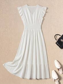 Rusticease Women's Solid Color V-Neck Flutter Sleeve Dress For Vacation Summer Dress Going Out Outfits - White - View 3