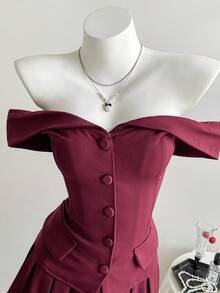Elamini Conjunto de traje de blazer con top de hombros descubiertos y minifalda plisada para mujer, estilo commuter de verano - Burdeos - Ver 6