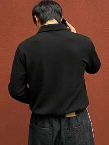 DAZY Men's Textured Fabric Contrast Color Basic Half-Button T-Shirt - Black - View 2