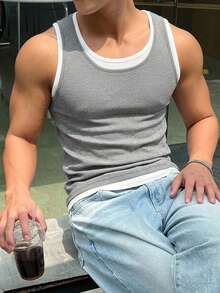 DAZY 灰色與白色滾邊修身男士背心 夏季款 - 灰色 - 查看 3