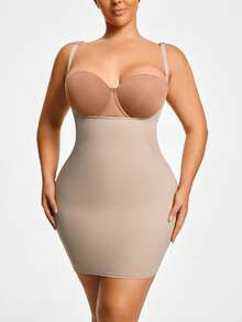 SHAPORA 1pc Plus Size Women Solid Color Low Cut Bodycon Dress - Apricot - View 5
