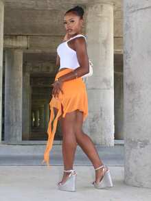 Steph T Spring Ruched Ruffle Trim Ruffle Hem Mesh Black Skirt - Orange - View 4