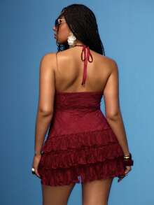 Orbivine Vestido mini de mujer talla grande con encaje, patchwork, volantes, espalda descubierta y cuello halter - Burdeos - Ver 2