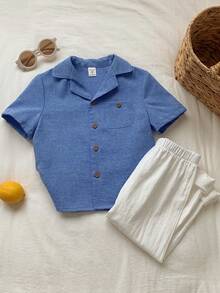 SHEIN 兒童小男孩/小女孩，小男孩 2 件組 春/夏休閒度假風短袖襯衫與長褲套裝，小男孩夏季服飾，穿搭，Squishy - 藍色 - 查看 8