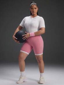 Powerista Women's White & Pink Colorblock Mid-Sleeve Mid-Length Plus Size Athletic Jumpsuit  Daily Travel Sports Shorts Yoga Fitness Lifestyle Casual Gym Summer - Pink - View 1