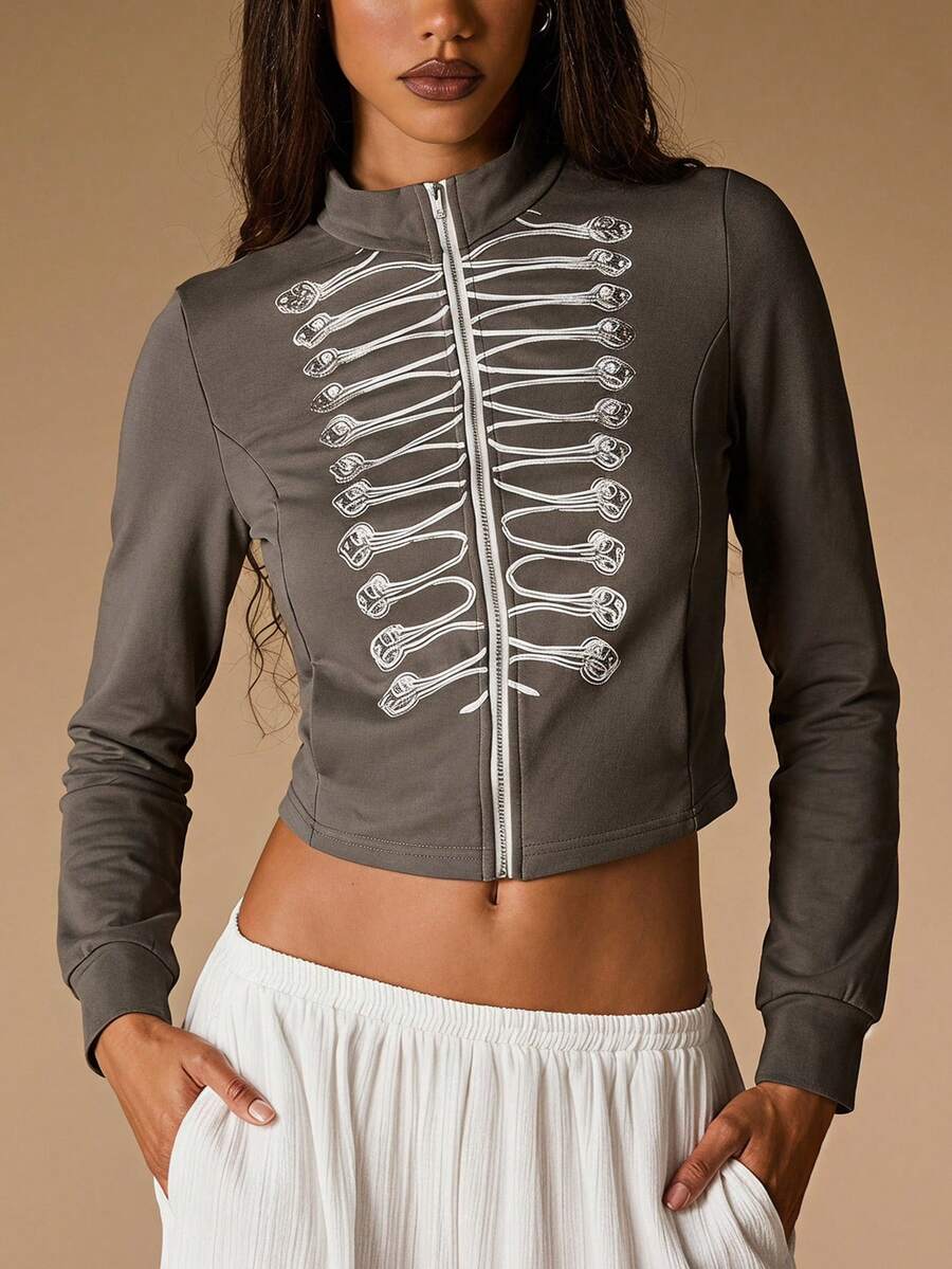 Opulessa Women's Printed Long Sleeve Zip-Up Casual Goth Sweatshirt Halloween Night Dark Grey Autumn - Grey - View 1