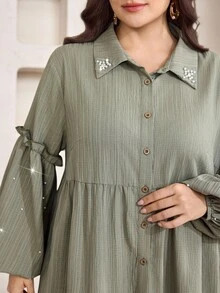 Veilorie Plus Size Women's Spring/Autumn Ruffle Pearl Decor Pleated Single-Breasted Blouse Fall - Olive Green - View 6