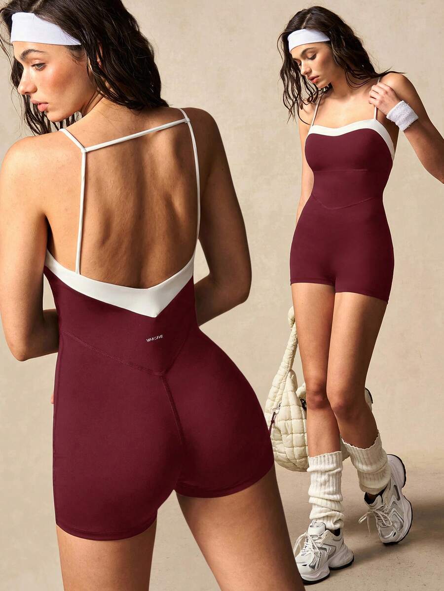 VARSIVA Mono deportivo versátil con bloques de color y tirantes finos para mujer - Burdeos - Ver 1