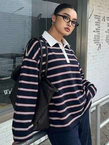 Dazy Plus 寬鬆街頭風拼色條紋 Polo 領長袖大尺碼女款 T 恤，秋季校園風 - 巧克力棕 - 查看 6