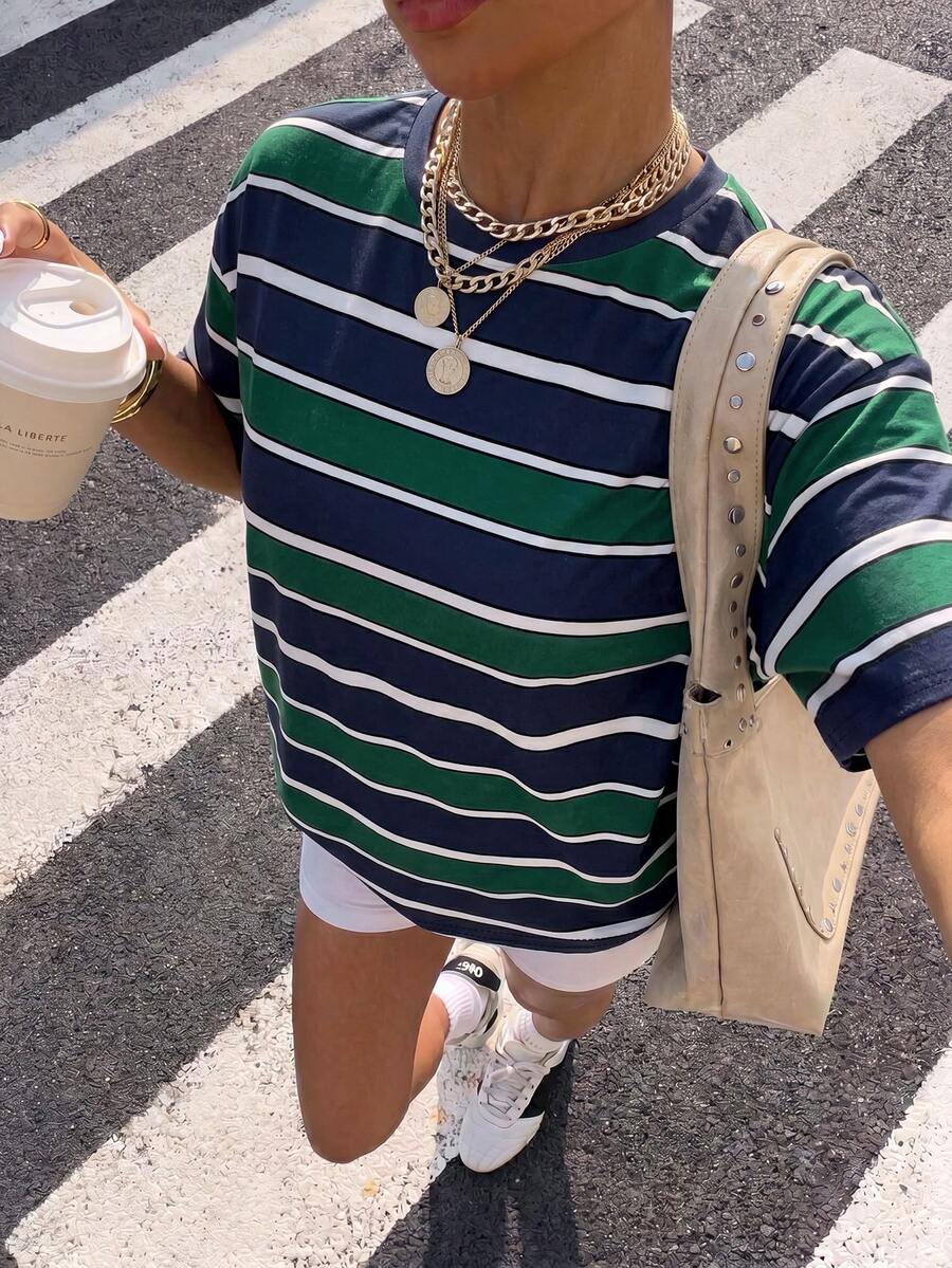 Muchica Plus Size Casual Minimalist Colorblock Striped Pattern Print Crew Neck Short Sleeve T-Shirt Suitable For Summer - Multicolor - View 1
