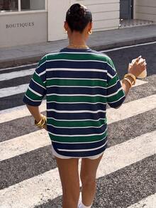 Muchica Plus Size Casual Minimalist Colorblock Striped Pattern Print Crew Neck Short Sleeve T-Shirt Suitable For Summer - Multicolor - View 2