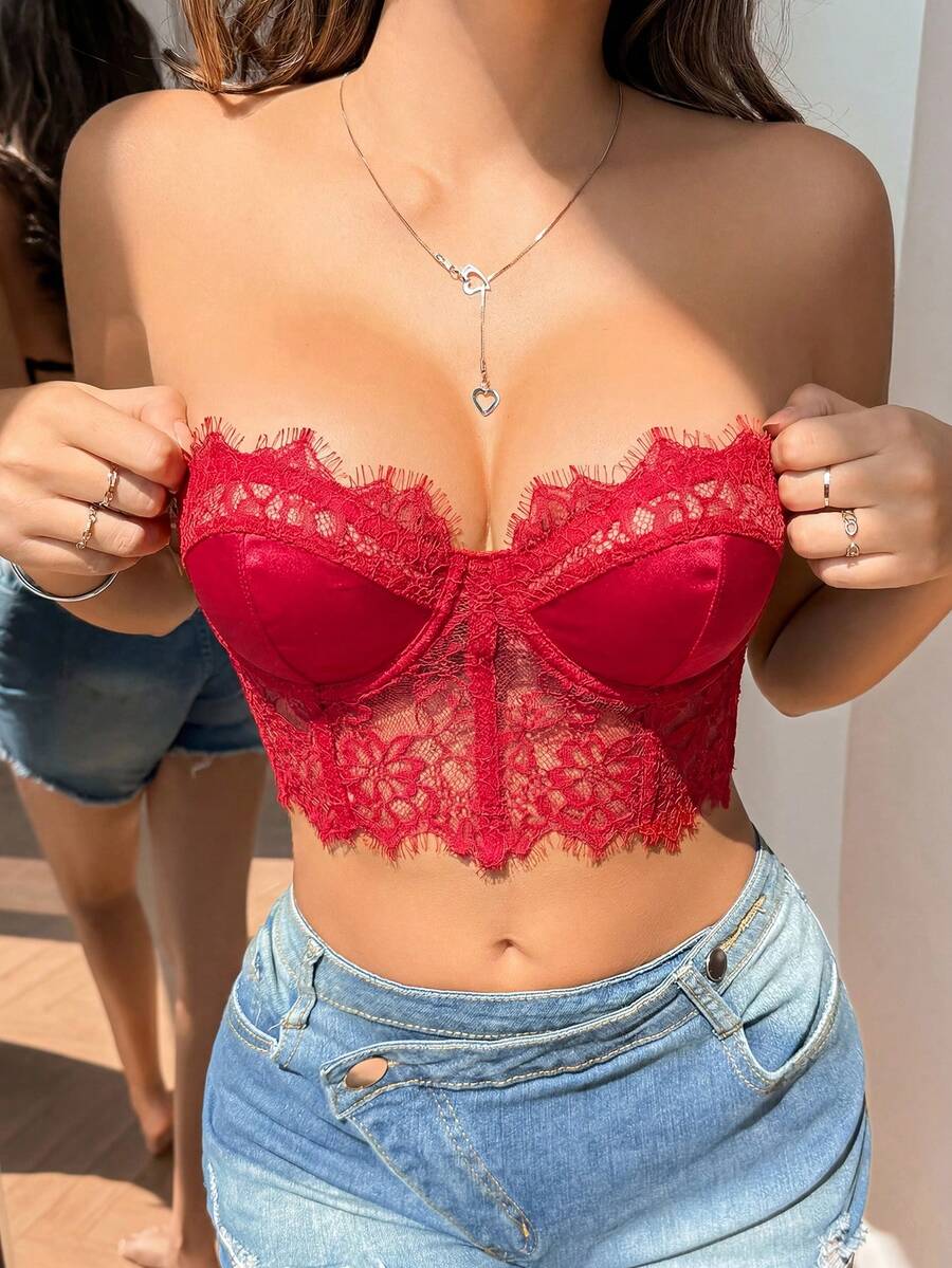 SHEIN 1件裝 無肩帶蕾絲性感無鋼圈內衣 - 紅色 - 查看 1